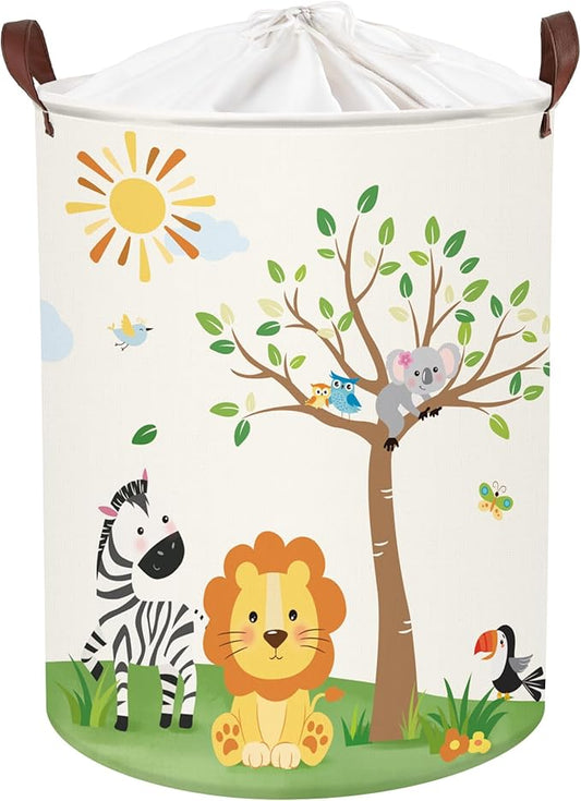 Clastyle 63L Large Jungle Animal Tree Kid Laundry Hamper with Handle Boy Girl Bedroom Bathroom Nursery Collapsible Clothes Toy Storage Basket with Lid
