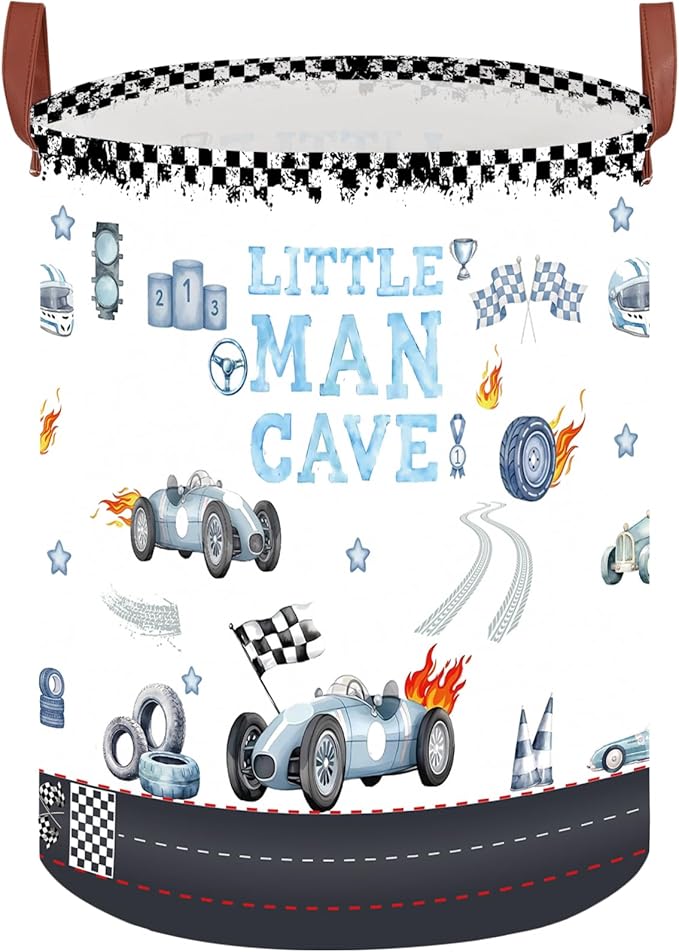 Car Themed Room Decor Laundry Basket, Kids Vintage Car Nursery Hamper,Tire Toy Box for Boys,Collapsible Clothes Book Organizer Bin for Baby,Christmas Gift(Vintage Blue,Round)