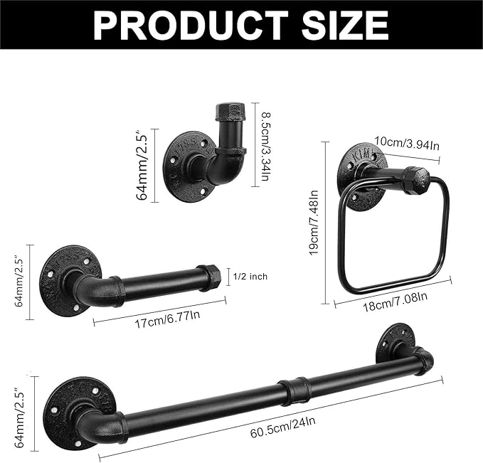 4-Pieces Industrial Pipe Bathroom Towel Ring Kit DIY Wall Mount Accessories Kit Includes Robe Hook Towel Bar and Towel Ring (24 inch)