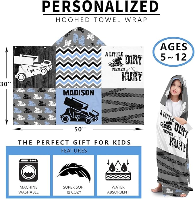 Hooded Towels for Kids 3-10 Yrs Patchwork Race Car Blue Kids Bath Towels Hooded Beach Towel Wrap Bathrobe Blanket Boys Gift for Shower