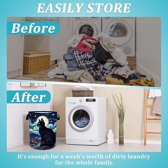 Starry Night Cat Laundry Basket, Foldable Waterproof Oxford Cloth Moon Laundry Hamper Funny Tote Bag Dirty Clothes Storage Bucket Toy Organizer for Bathroom/Laundry/Bedroom 15.7"x19.6"