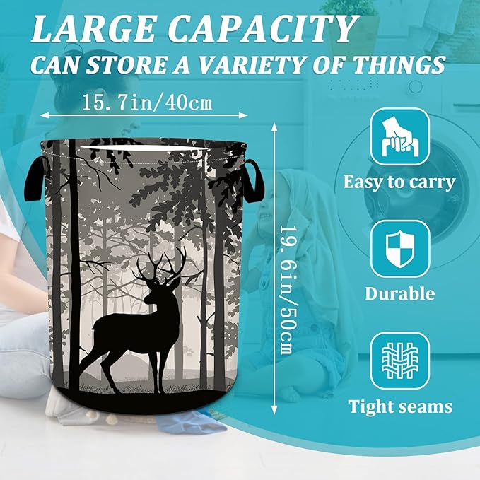 Deer Pine Tree Laundry Basket, Foggy Forest Laundry Hamper Foldable Waterproof Funny Tote Bag Dirty Clothes Storage Bucket Toy Organizer for Bathroom/Laundry/Bedroom 15.7"x19.6"