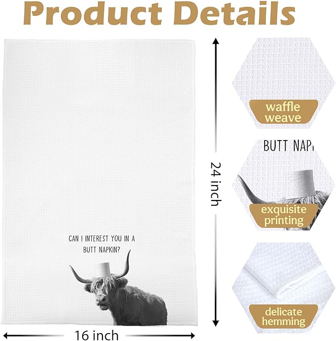 Highland Cow Bathroom Towels - Funny Farmhouse Cow Decorative Waffle Weave Hand Towels, Western Bathroom Towel, 16×24 Inches