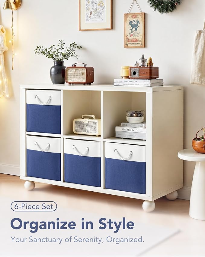 12x12 Storage Cube Bins, 6 Pack Reinforced Bottom Cardboard Foldable Box, Organizer for Closet Shelves, Heavy Home Storage Baskets (White Blue)