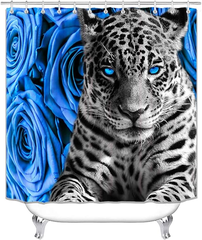 4PCS Blue Rose and Leopard Shower Curtain Sets with Rugs, Waterproof Fabric Shower Curtain, Modern Aesthetic Floral African Safari Wildlife Wild Animal Black and White Cheetah Bathroom Decor
