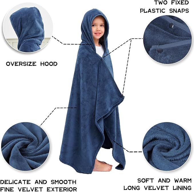 Hiturbo Kids Hooded Bath Towel: Soft Plush Pool Beach Fleece Towel Blanket - 50"x30" Toddler Towels Wrap for Boys Girls 3-12 Years (Navy)