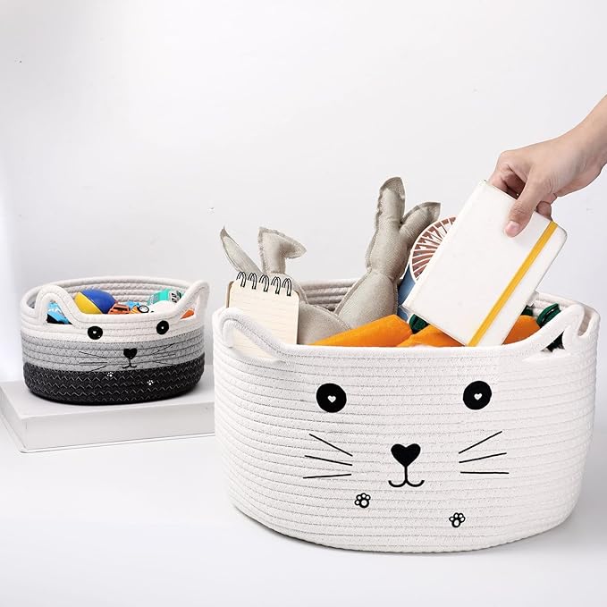 Zopeal Cat Basket Storage Woven Organizer with Ears Christmas Decorative Pet Toy Cute Cotton Rope Basket for Gift Cat Dog Toy Bin Nursery Room(13.7 x 7.8 Inch,White)