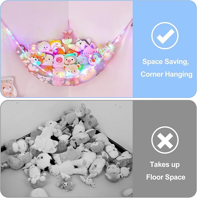 Basumee Stuffed Animals Net or Hammock with LED Light Hanging Toy Net Hammock for Stuffed Animals Storage Stuff Animals Hammocks for Nursery Room with Remote Control, 8 Kinds of Lights(Pack of 1)