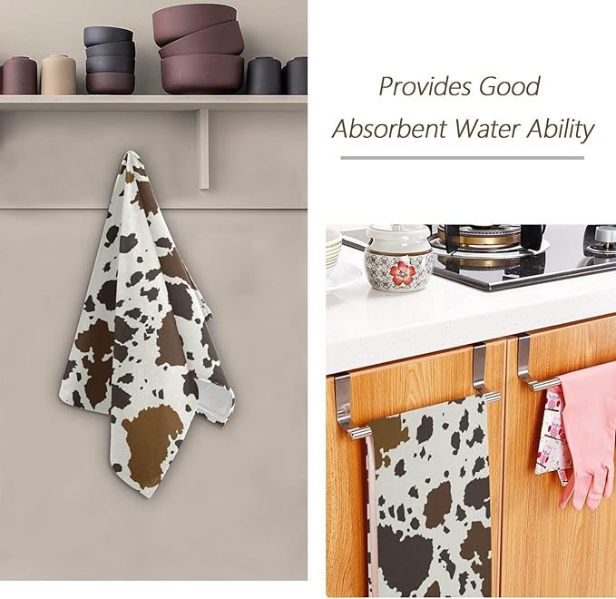 2 Pack Brown Cow Print Hand Towels for Bathroom,Soft Absorbent Rustic Cowhide Farmhouse Animal Skin Pattern Kitchen Towels,Cow Hide Decorative Guest Bathroom Towels for Face,Shower,Gym 14"x28"