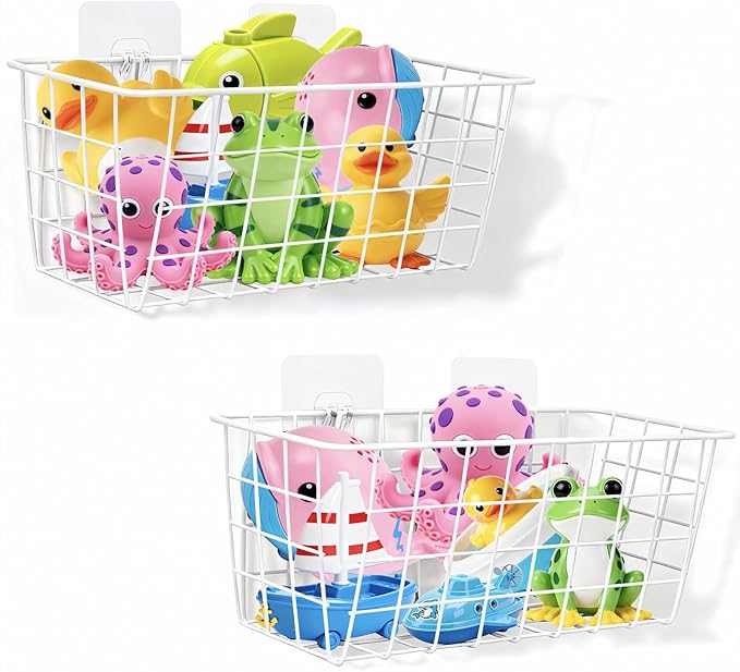 Hanging Bath Toy Storage Basket - 2 Pack Metal Bath Toy Holder with Hooks - Bathtub Toy Storage Organizer for Bath Shower Bathroom(White)