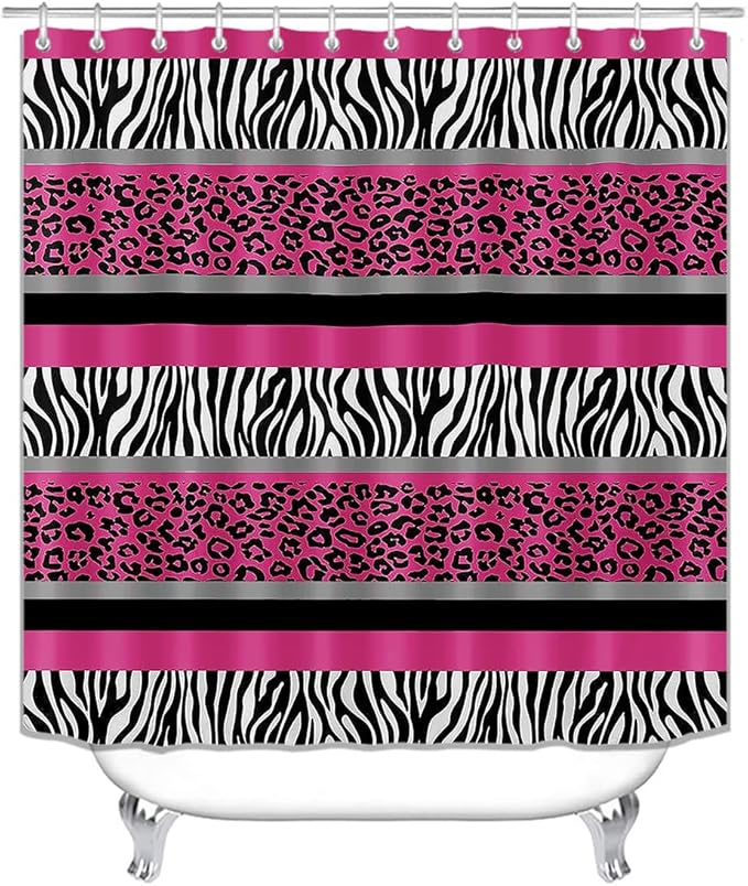 4PCS/Set Hot Pink Leopard Print Shower Curtain, Black and White Zebra Print Wildlife Safari Animal Skin Stripe Fashion Women Girly Bathroom Decor, Non-slip Bath Mat Toilet Rug, Cheetah & Zebra