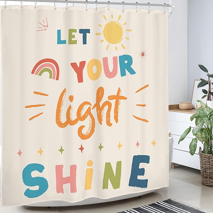 Homewelle Kids Quotes Shower Curtain Inspirational Colorful Cartoon Classical English Letter Let You Light Shine Lovely Sun Classic 72Wx72H Inch for Child Waterproof Polyester Fabric Bathroom Bathtub