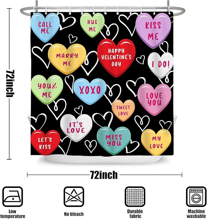 Happy Valentine Day Cute 72x72 Shower Curtain for Girls Love Me Kiss Me Red Black Love Hearts Romantic Shower Curtain Set Decor Bathroom Accessories Fabric Polyester Kid Bath Curtain with Hooks