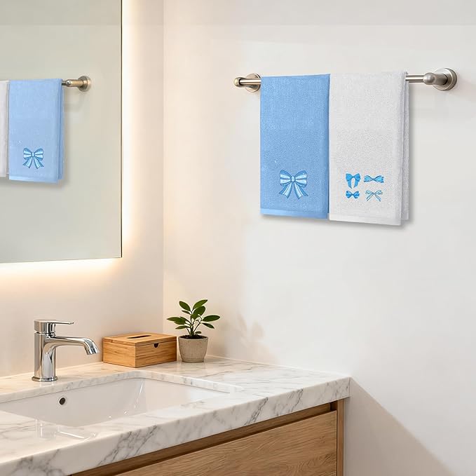 4 Pcs Bow Hand Towels Blue Hand Towels for Bathroom 29" x 13.3" Cute Bath Towel Bow Embroidered Decorative Towel Set Cotton Bowknot Bathroom Accessories Blue Kitchen Decor Bridal Shower Wedding Gift