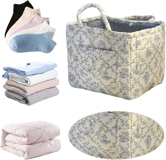 JQWYGB Foldable Laundry Basket Boho Bear Storage Basket Floral Quilted Fabric Car Storage Basket Handles Large Laundry Baskets for Clothes and Dolls