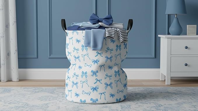 CLOCOR Round Collapsible Flat Storage Basket,Space-Saving Fabric Laundry Hamper for Clothes,Nursery Hamper,Gift Basket(Blue Bowknot)