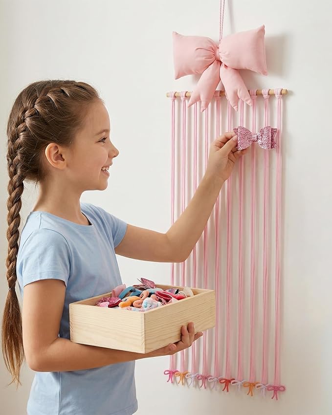 HAYVAN Bow Holder for Girls Hair Bows - 31.5"x11" Pink Bow & Hair Clip Organizer with Hanging Hook & Gift Card, Baby Bow Organizer and Nursery Room Decor