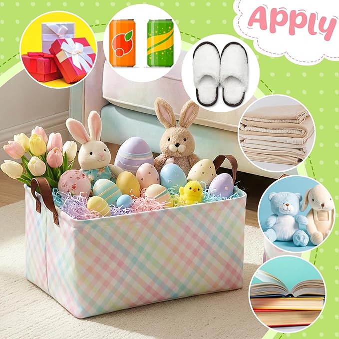 3 Pack Easter Storage Baskets Waterproof Canvas with Leather Handles Bunny Basket Box Collapsible Storage Bins Box for Closet Toys Clothes Room Decor Gift Basket