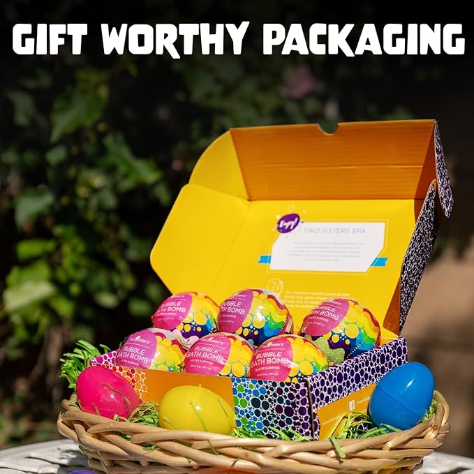 Easter Bath Bombs for Kids with Surprise Toys Inside (6 Pack) - Kids Easter Basket Stuffers for Boys and Girls - Large Spring Bubble Bomb, Made in USA, Incredible Fragrances & Colors by Two Sisters