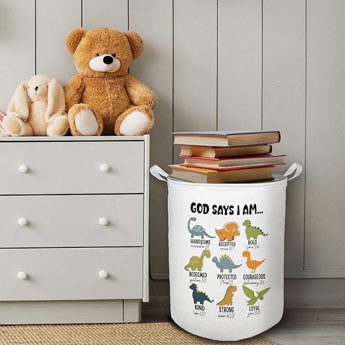God Say I Am Dinosaur Nursery Laundry Basket, Toybox for Boys Room, Christian Laundry Basket Hamper Waterproof Collapsible Clothes Toys Storage Bin Organizer for Bedroom Bathroom Kids Room Dorm