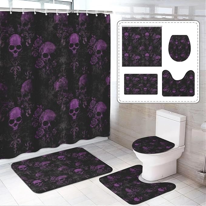 Gothic Skull Bathroom Set, 4-Piece with Shower Curtain 71x71, Bath Mat, Contour Rug, Toilet Lid Cover, Purple Roses Skull Pattern(Purple 1)