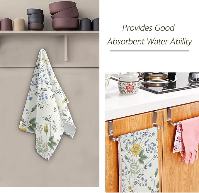 2 Pcs Vintage Blue Yellow Wildflower Hand Towels for Bathroom,Soft Absorbent Green Leaf Botanical Dish Towels for Kitchen,Farmhouse Decorative Bathroom Towels for Bath,Face,Shower 14"x28"