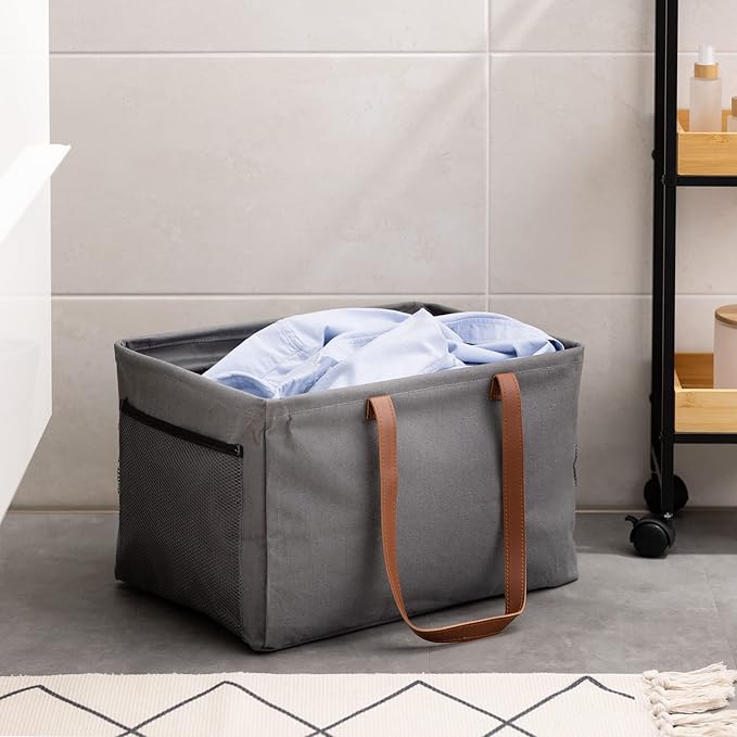 Navaris Collapsible Laundry Baskets - Set of 2 - Foldable Washing Hampers - Clothes Storage Bins with Fabric Drawstring Lid & Side Handles - Gray