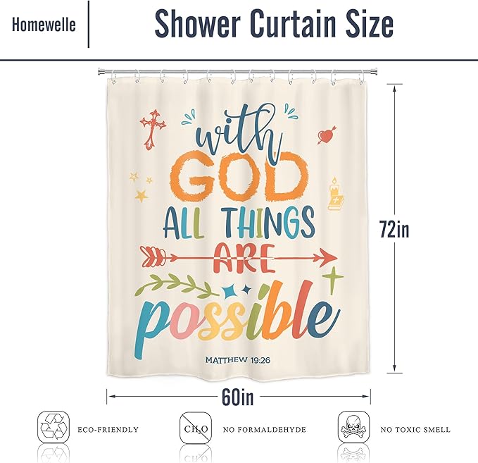 Homewelle Colorful Bible Verse Shower Curtain Inspirational Motivational Positive Quote Encouragement Scripture 60Wx72H Inch Multicolor for Kids Girl Women Waterproof Polyester Fabric Bathroom Bathtub