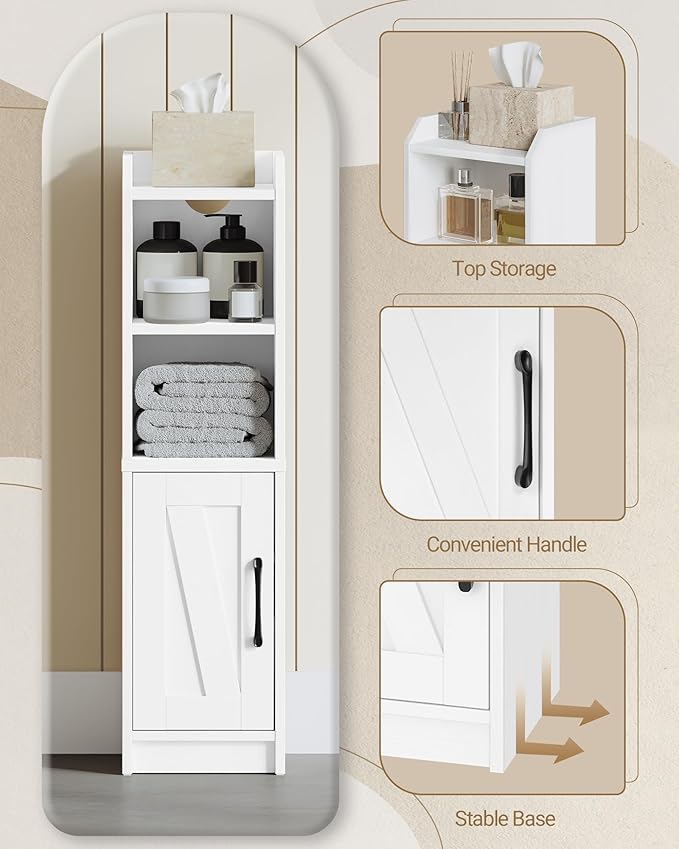 Bathroom Storage Cabinet, Small Farmhouse Corner Floor Cabinet with Door and Shelves, Narrow Toilet Paper Holder Stand, Bathroom Organizer with Adjustable Shelf, for Small Spaces, White