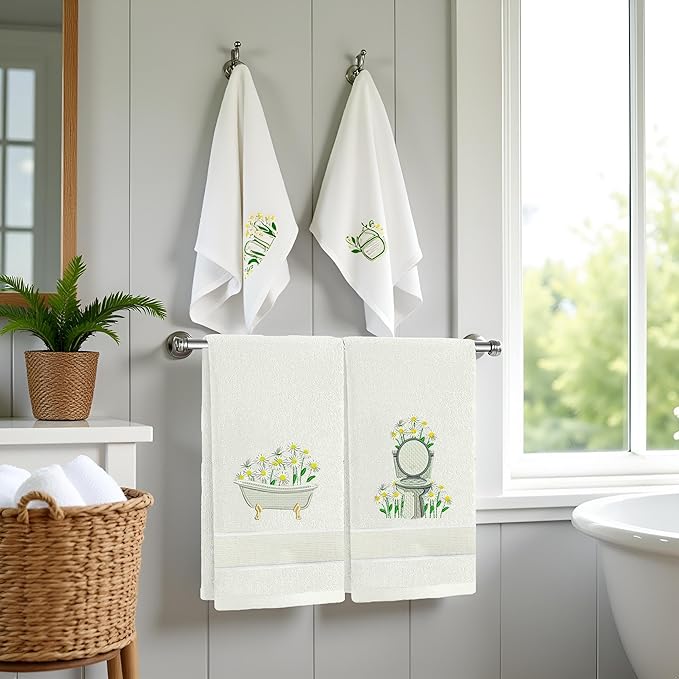 2pcs White Daisy Hand Towels for Bathroom Decorative Towels Set 100% Cotton Cute Embroidered Spring Summer Floral Bath Towels Dish Kitchen Towels Farmhouse Bathroom Decor Gift(White Daisy)