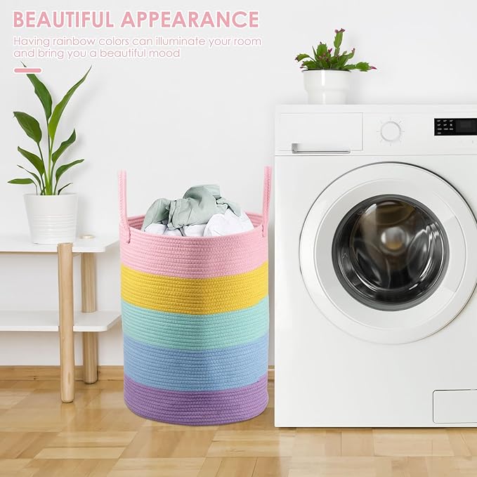 Cotton Rope Laundry Basket Woven Hamper for Girls Kids Baby Large Capacity Clothes Storage for Living Room, Laundry Nursery Pillows Baby Toy chest