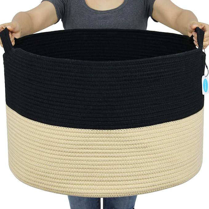 Casaphoria XXL Cotton Rope Woven Laundry Basket with Handle - Blanket, Comforter, Cushions Storage Bin - 21.7" x 21.7" x 13.8", Black and Brown