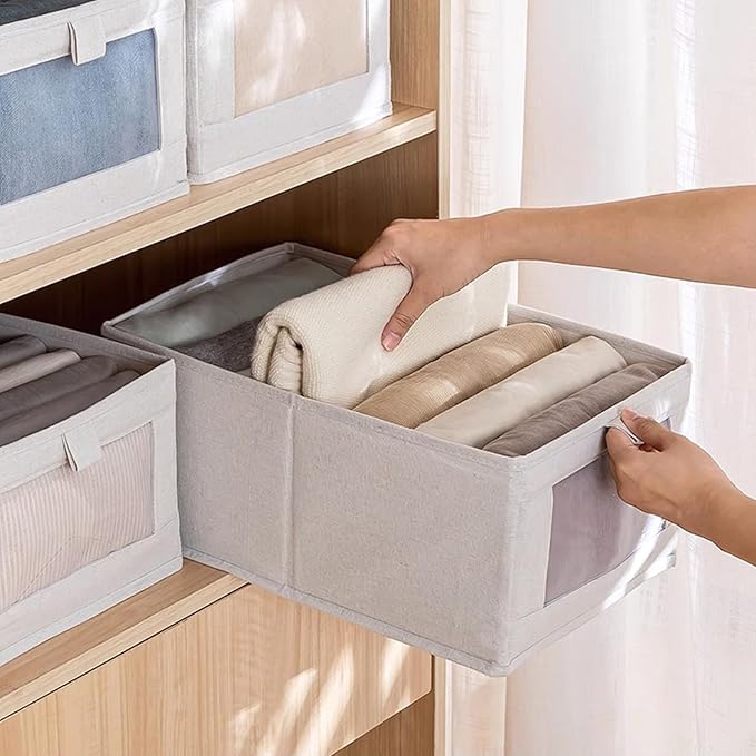 Linen Closet Organizers And Storage, 4 Pack Storage Bins Baskets for Organization Foldable Organizer with Clear Window Organizing Clothing, Jeans, Shelves