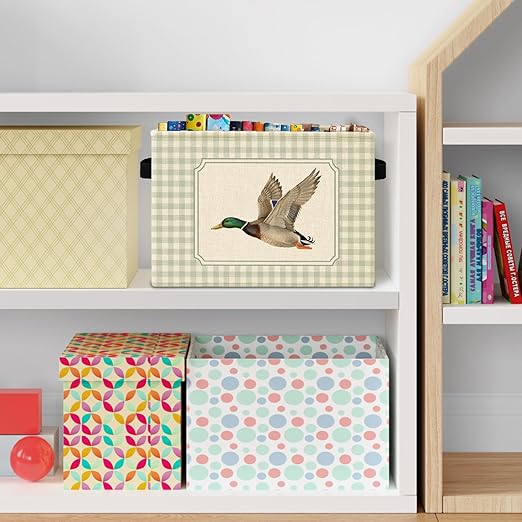 Green Checkered Mallard Duck Storage Bins Box with Handles, Rustic Flying Mallard Duck Plaid Laundry Basket Hamper Collapsible Clothes Toys Organizer for Kids Boys Bedroom Bathroom