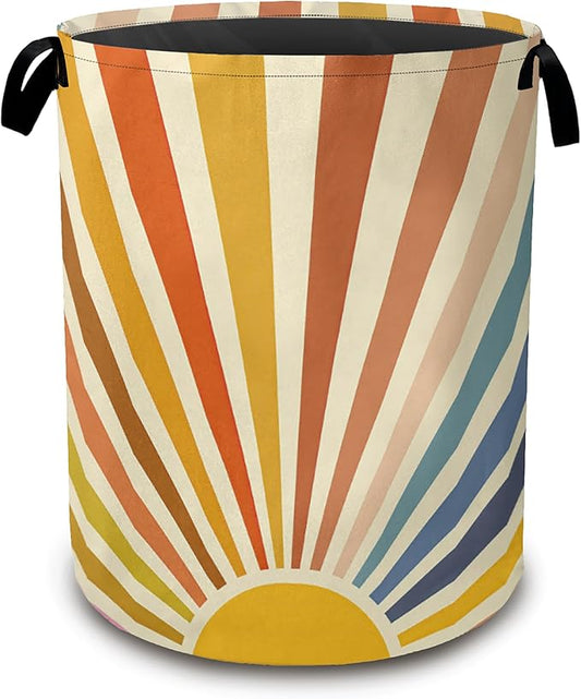 Colorful Boho Laundry Basket,Sunrise Rainbow Collapsible Laundry Baskets with Handles,Waterproof Oxford Cloth Storage Basket 16"x20" for Bathroom/Bedroom/Dormitories