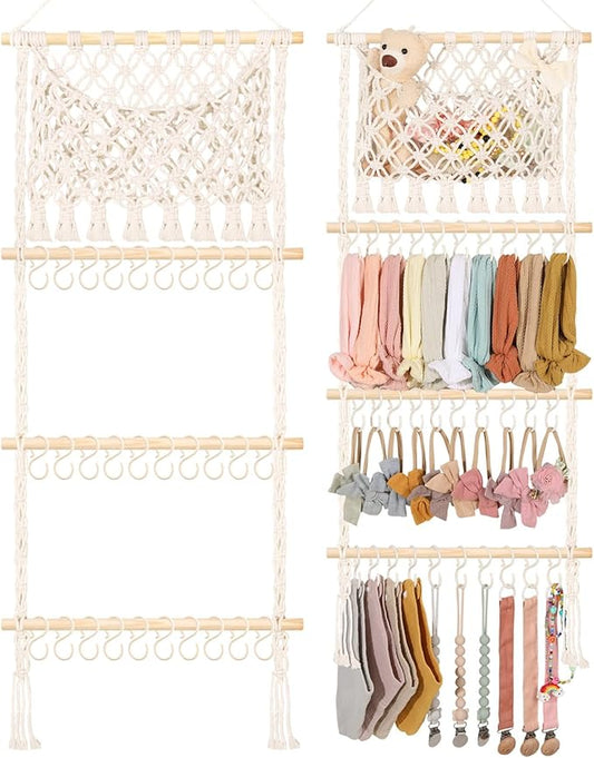 POVETIRE Headband Holder Hair Bow Organizer for Girls, Macrame Bow Holder Hair Accessories Organizer Storage Large Capacity Wall Hanging for Toddler Girl Nursery Room Decor