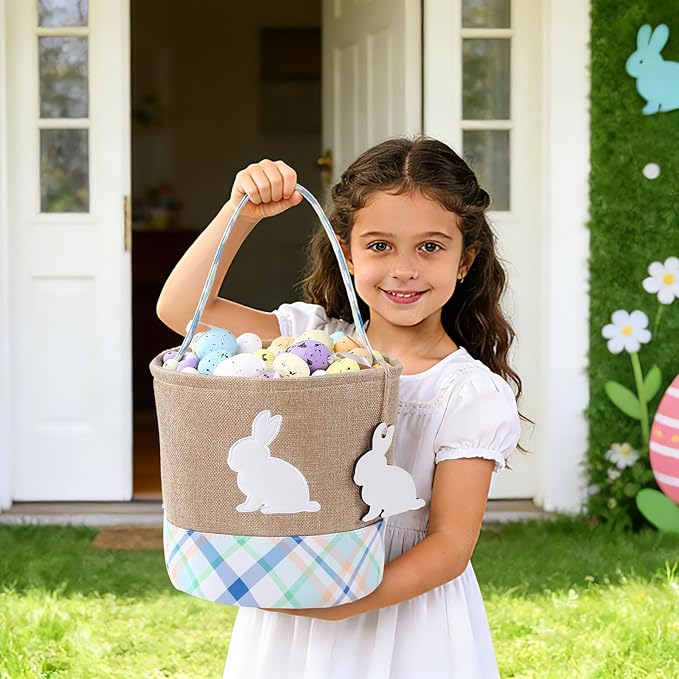 Easter Basket – Bunny Basket with DIY Blank Wooden Bunny Tag for Kids, Boys, Girls, Easter Egg Hunt, Candy Gift Storage (Bule)