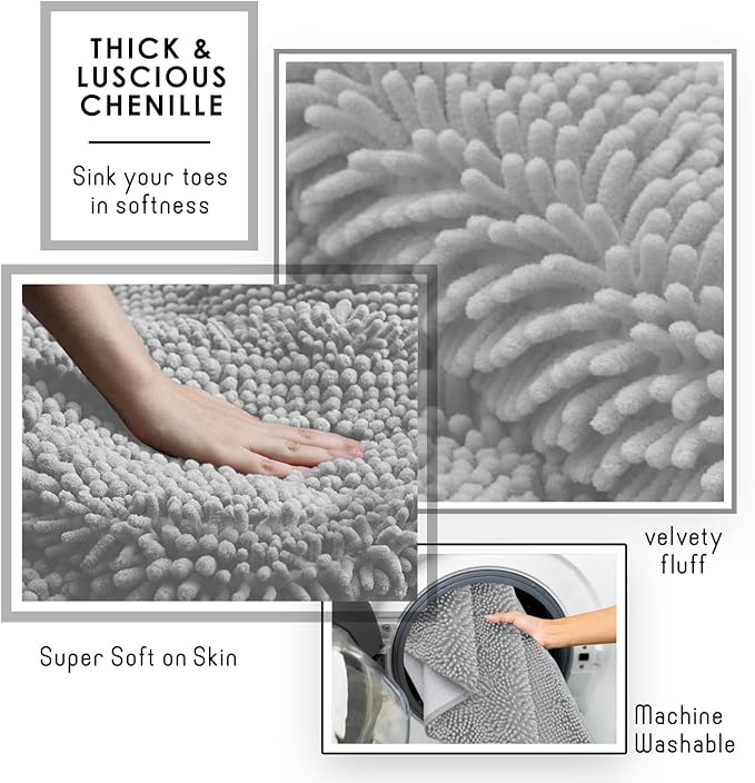 Hearth & Harbor Bathroom Rugs, Chenille Bath Mat - Machine Washable Bath Mats for Bathroom Non-Slip Backing Rubber, Quick Dry Bathroom Mat