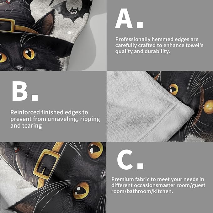 Halloween Kitchen Tea Dish Towels 2 Pack Black Witch Hat Cat Hand Towel Soft Happy Halloween Soft Absorbent Face Towels Holiday Decorative Fingertip Towels for Home Bath Hotel Spa Washcloths 28x14inch