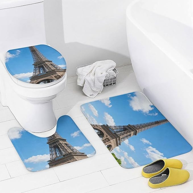 4 Piece Bathroom Rug Set with Shower Curtain, Non-Slip Bath Mat Toilet Cover Set, Eiffel Tower Bathroom Rug Sets
