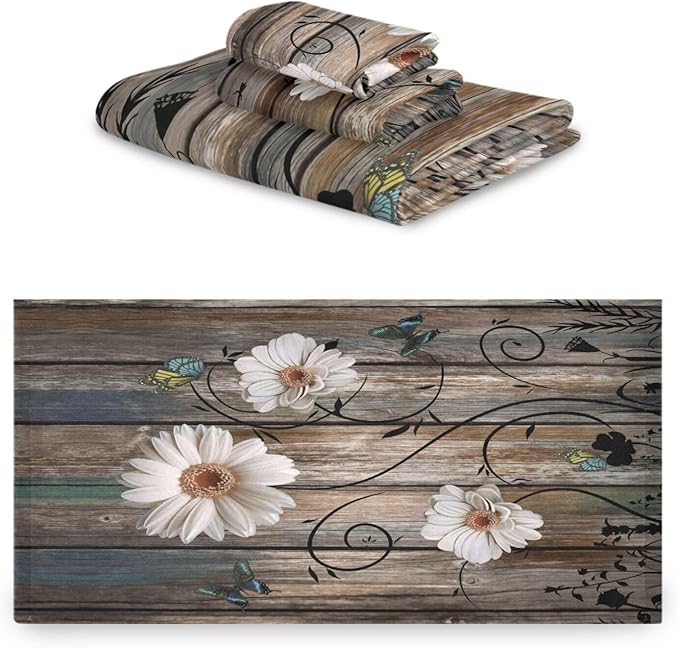 3 Piece Rustic Bath Towels Set,Microfiber Absorbent Beige Daisy Floral Butterfly Brown American Country Towels for Bathroom,1 Bath Towel,1 Hand Towel,1 Washcloth,Decorative Bathroom Towels