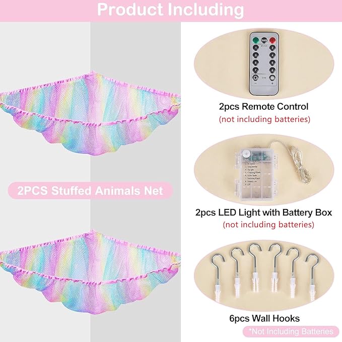 Basumee Stuffed Animals Net or Hammock with LED Light Hanging Toy Net Hammock for Stuffed Animals Storage Stuff Animals Hammocks for Nursery Room with Remote Control, 8 Kinds of Lights(Pack of 2)