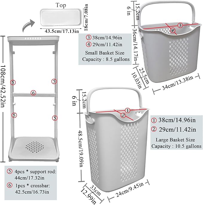 Laundry Basket with Wheels Plastic,2 Tier,40L+32L Large Capacity,Storage Organizers for Kitchen, Bathroom, Easy Mobility Multi-Functional Hampers