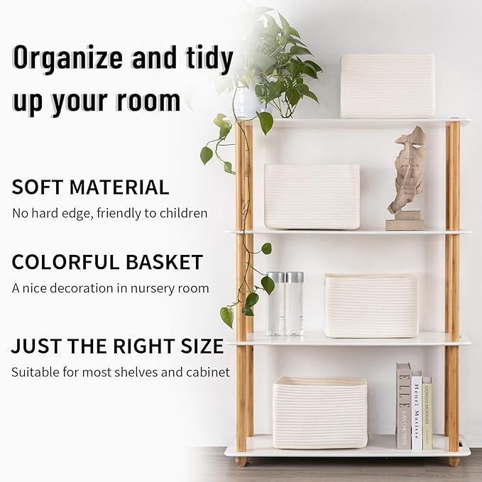4 Pack Storage Baskets for Organizing Toys, Towels, and Clothes, Woven Basket for Shelves, Sturdy Nursery Cube Bins for Storage, 13''L x9''W x7.8''H, White, SD-SLB-G-C-01