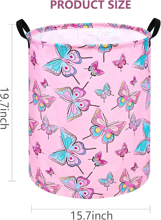 19.7 Inch Round Laundry Hamper Cute Butterfly Pattern Laundry Basket Fabric Storage Hamper Organization Bin, Toy Box,Gift Basket with Handles for Room