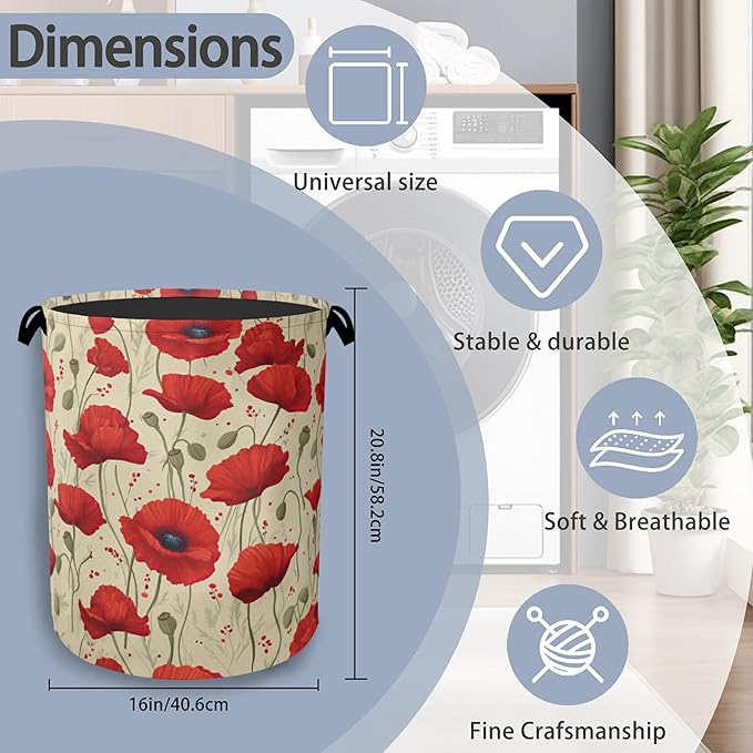 Vintage Poppy Flower Laundry Basket,Oxford Cloth Laundry Hamper with Handle Foldable Portable Clothes Storage Basket for Bathroom Bedroom Dorm Room 16" x 20.8"