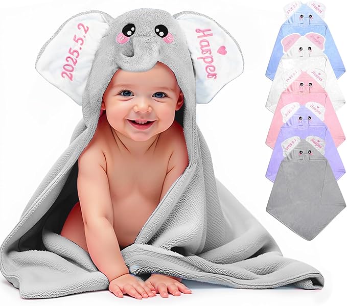 Baosity Custom Hooded Baby Towel with Name, Personalized Soft Absorbent Elephant Bath Towel, Shower Towels for Girls Boys, Easter Brithday for Kids Baby, Toddler, Newborn Essential