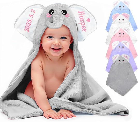 Baosity Custom Hooded Baby Towel with Name, Personalized Soft Absorbent Elephant Bath Towel, Shower Towels for Girls Boys, Easter Brithday for Kids Baby, Toddler, Newborn Essential