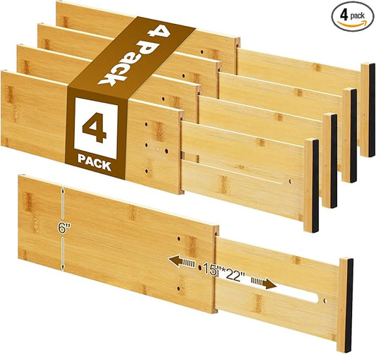 4 Pcs Deep Bamboo Drawer Dividers, Deep Kitchen Dresser Drawer Organizer with Spring Loaded for Clothes, Adjustable Expandable from 15-22 Inch (Wood Color,6 Inch)