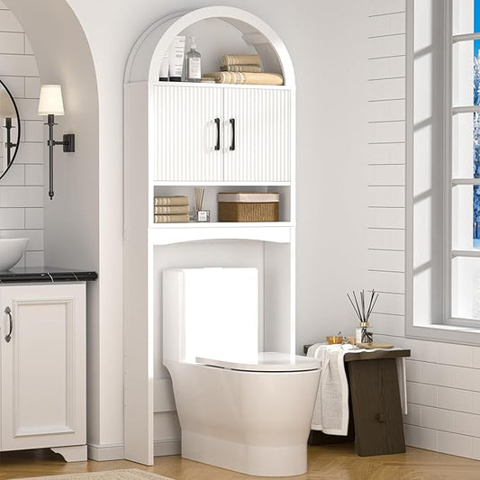 Spurgehom Over The Toilet Storage Cabinet, Bathroom Shelf Organizer Freestanding, Bathroom Arch Cabinet Over Toilet with Toilet Paper Holder and Anti-Tipping Device (Narrow Style-White)